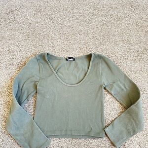 Zara Ribbed Scoop-Neck Long Sleeve Crop Top - Sage Green